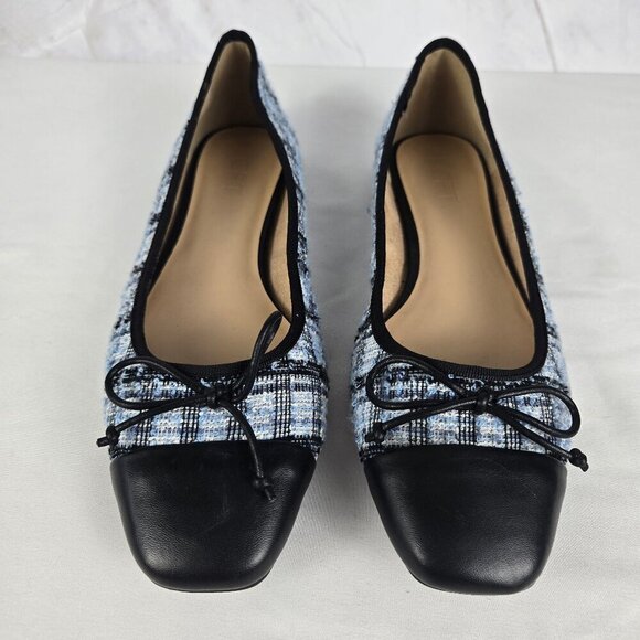 LOFT Size 7.5M Blue Plaid Tweed and Black Leather Ballet Flats Bow Accent - Picture 2 of 12